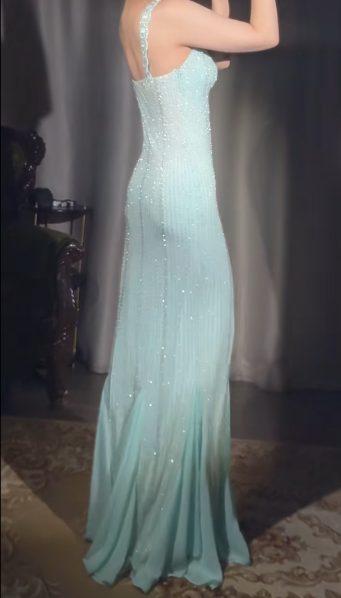 Vintage Tiffany Blue V-neck Mermaid Chiffon Beaded Ball Dress Elegant Evening Gowns