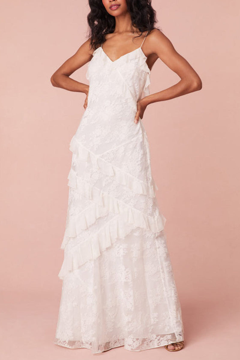 White Sheath Spaghetti Straps Backless Long Dress with Ruffles Graduation Dress