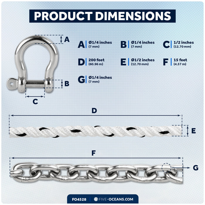 Windlass Anchor Rode, 1/2" x 200' Rope with 1/4" x 15' G4 Stainless Steel Chain - FO4528 - Five Oceans