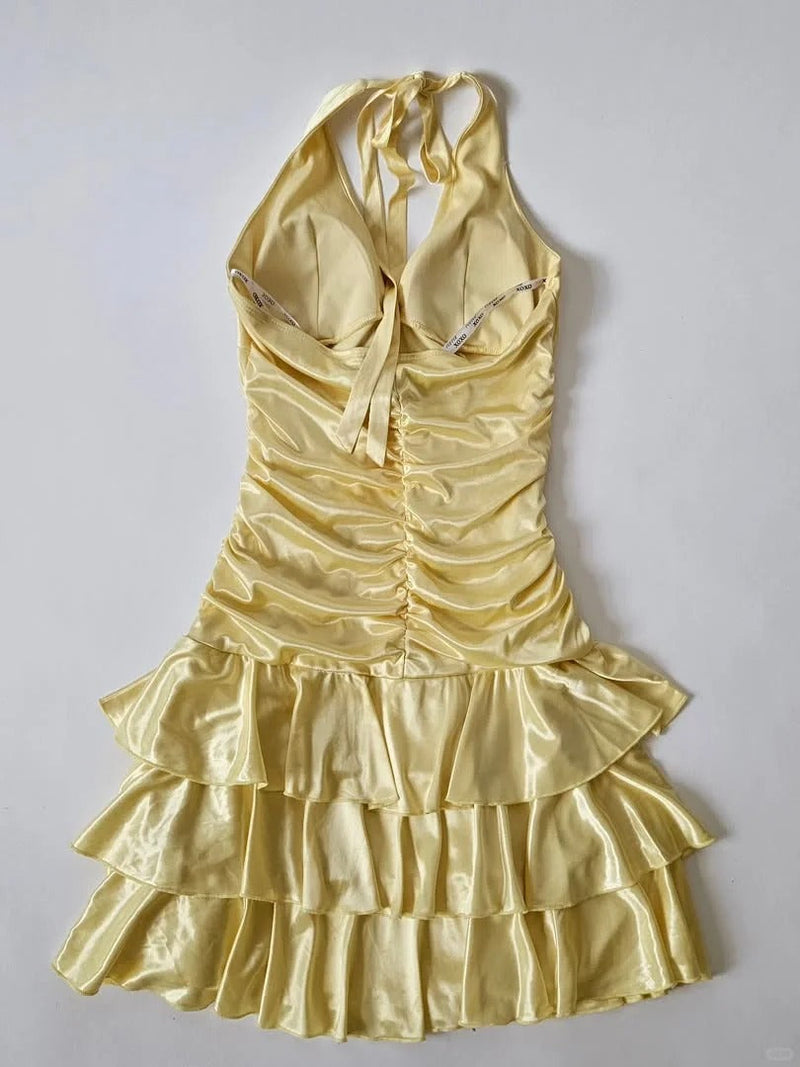 Y2K Halter Yellow A-Line Satin Short Party Dress
