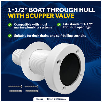 1-1/2" Boat Through Hull with Scupper Valve - Self-Bailing Deck Drain for Boats - FO4966 - Five Oceans
