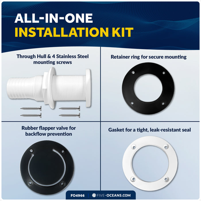 1-1/2" Boat Through Hull with Scupper Valve - Self-Bailing Deck Drain for Boats - FO4966 - Five Oceans