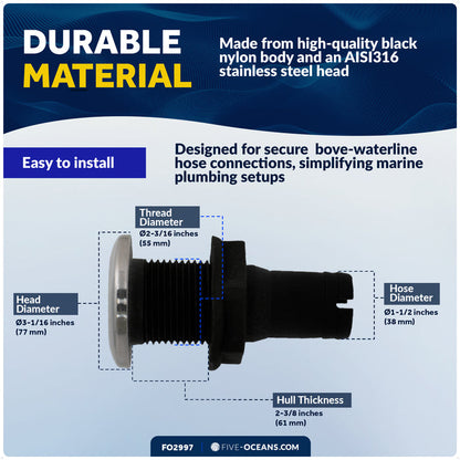 1-1/2" Thru-Hull Fitting, Black Nylon & Stainless Steel Head – FO2997 - Five Oceans