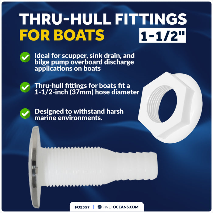 1-1/2" Thru-Hull Fitting, White Nylon & Stainless Steel Head – FO2557 - Five Oceans