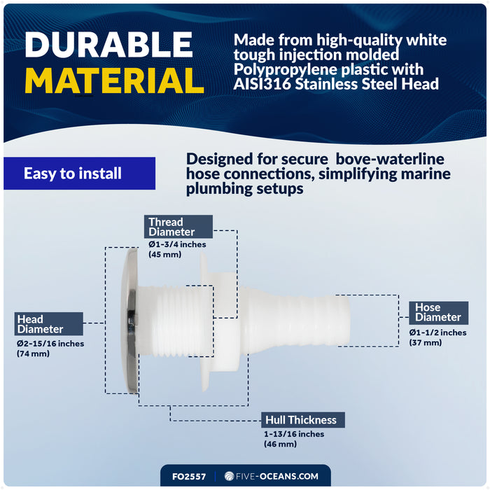 1-1/2" Thru-Hull Fitting, White Nylon & Stainless Steel Head – FO2557 - Five Oceans