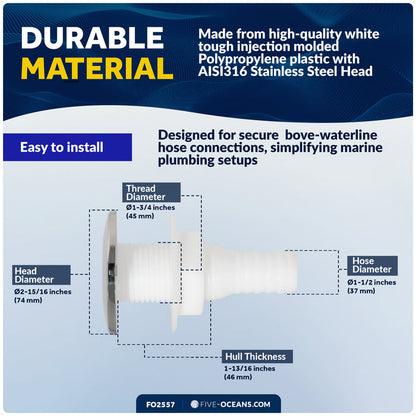 1-1/2" Thru-Hull Fitting, White Nylon & Stainless Steel Head – FO2557 - Five Oceans