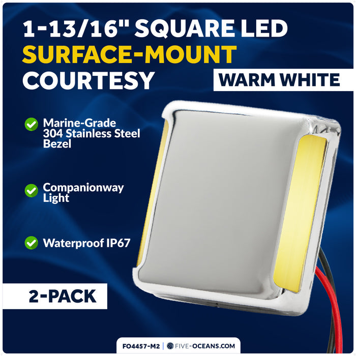 1-13/16" Square LED Surface-Mount Courtesy / Companionway Light, Warm White, 12V, 2-Pack - FO4457-M2 - Five Oceans