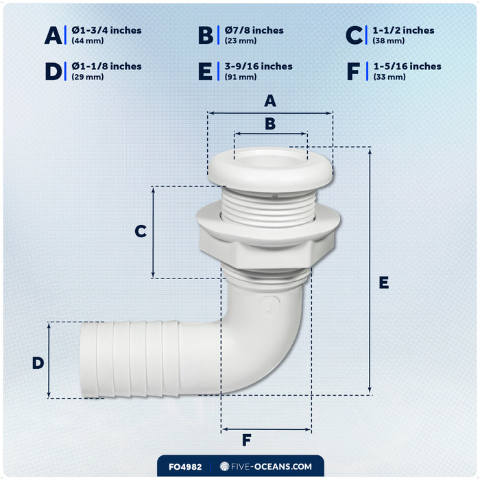 1-1/8" Angled Thru-Hull Fitting - White ABS Plastic for Boat, Pontoon, and Yachts - FO4982 - Five Oceans