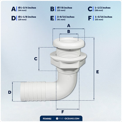1-1/8" Angled Thru-Hull Fitting - White ABS Plastic for Boat, Pontoon, and Yachts - FO4982 - Five Oceans