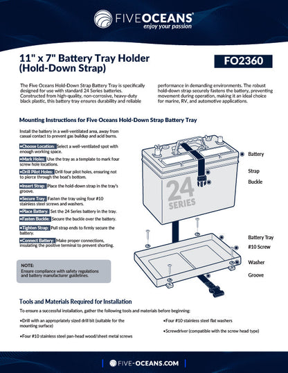 11" x 7" Group 24 Battery Tray with Hold-Down Strap, Black - FO2360 - Five Oceans