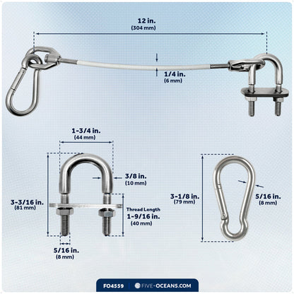 12" Anchor Safety Strap - 3/8" U-Bolt, Stainless Steel/PVC Coated - FO4559 - Five Oceans