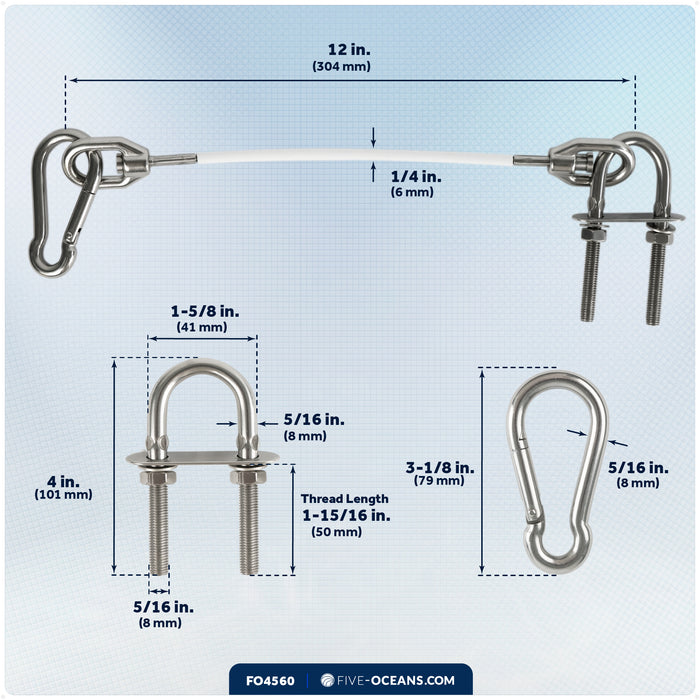 12" Anchor Safety Strap - 5/16" U-Bolt, Stainless Steel/PVC Coated - FO4560 - Five Oceans