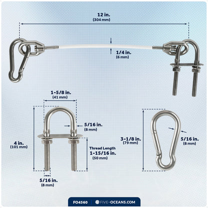 12" Anchor Safety Strap - 5/16" U-Bolt, Stainless Steel/PVC Coated - FO4560 - Five Oceans