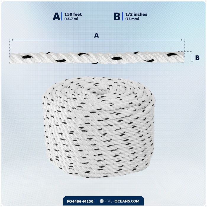 1/2" x 150' Premium 3-Strand Nylon Rope Line, White with Black Tracer - FO4486-M150 - Five Oceans