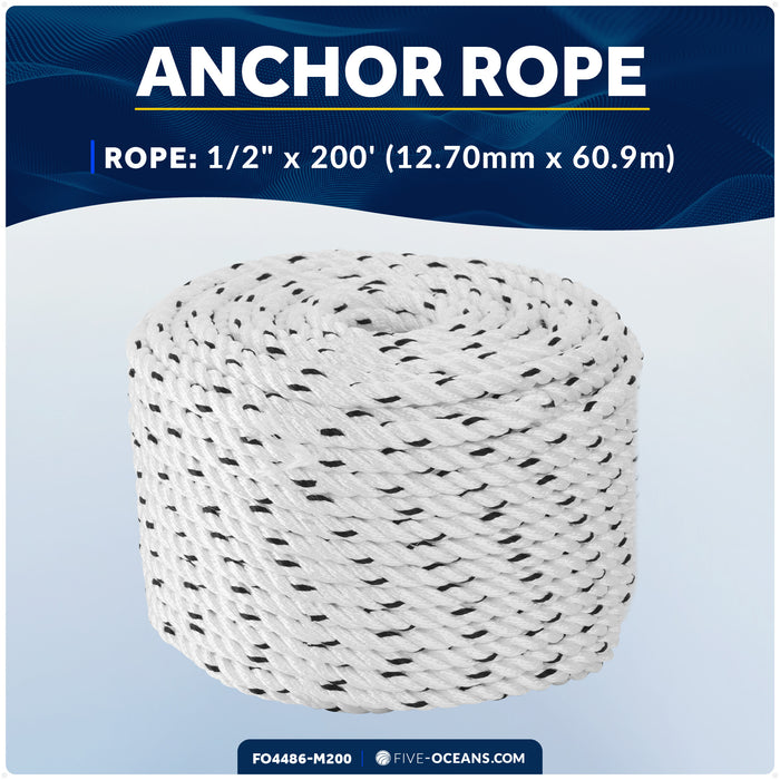 1/2" x 200' Premium 3-Strand Nylon Rope Line, White with Black Tracer - FO4486-M200 - Five Oceans