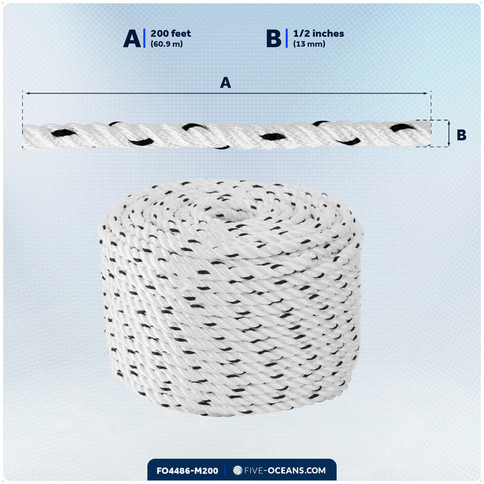 1/2" x 200' Premium 3-Strand Nylon Rope Line, White with Black Tracer - FO4486-M200 - Five Oceans