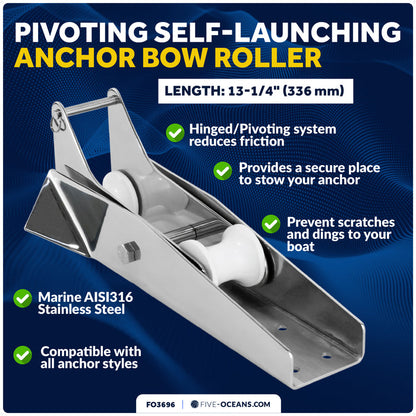 13-1/4" Hinged Self-Launching Anchor Bow Roller, AISI316 Stainless Steel - FO3696 - Five Oceans