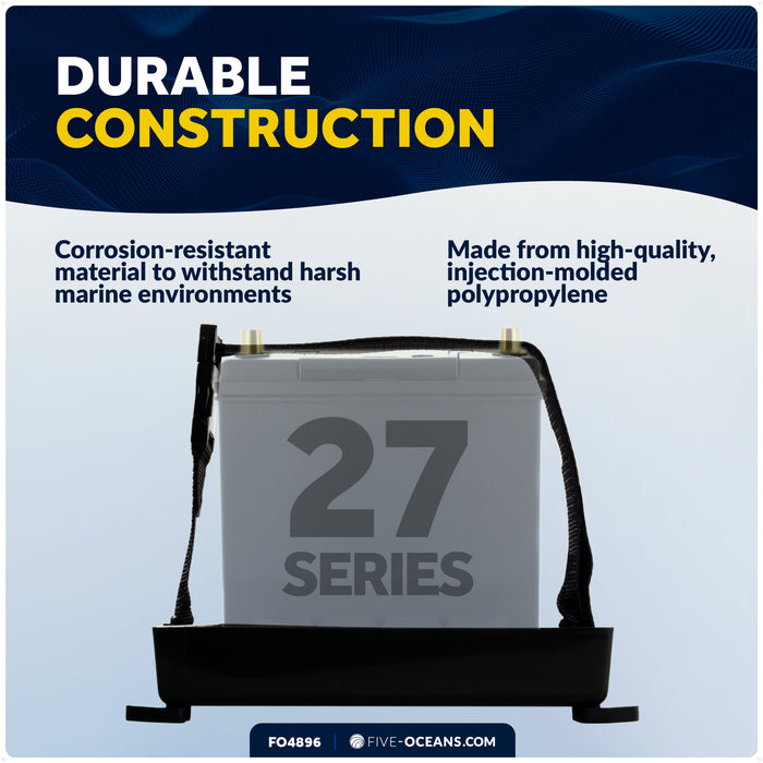 13" x 7" Group 27 Battery Tray with Hold-Down Strap, Black - FO4896 - Five Oceans