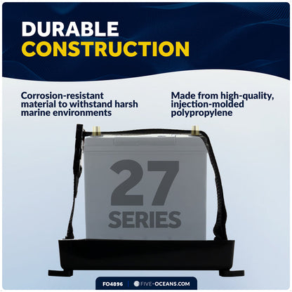 13" x 7" Group 27 Battery Tray with Hold-Down Strap, Black - FO4896 - Five Oceans