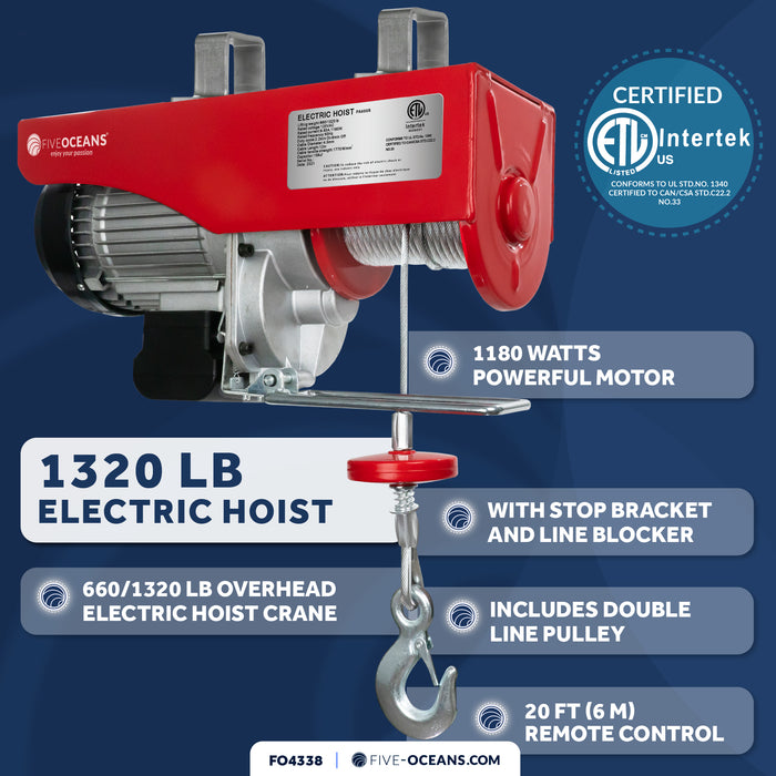 1320 Lb. Electric Hoist with 20Ft Cable Control, 120V AC - FO4338 - Five Oceans