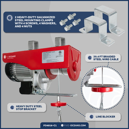 1320 Lb. Electric Hoist with 20Ft Cable Control & Working Gloves, 120V AC - FO4016-C1 - Five Oceans