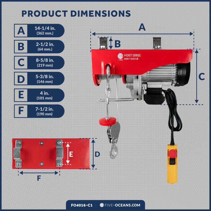 1320 Lb. Electric Hoist with 20Ft Cable Control & Working Gloves, 120V AC - FO4016-C1 - Five Oceans