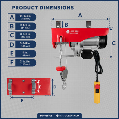 1320 Lb. Electric Hoist with 20Ft Cable Control & Working Gloves, 120V AC - FO4016-C1 - Five Oceans