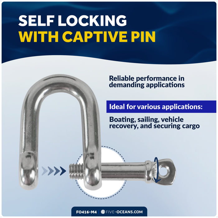 1/4" Captive Screw Pin D Anchor Shackle, AISI316 Stainless Steel, 4-Pack