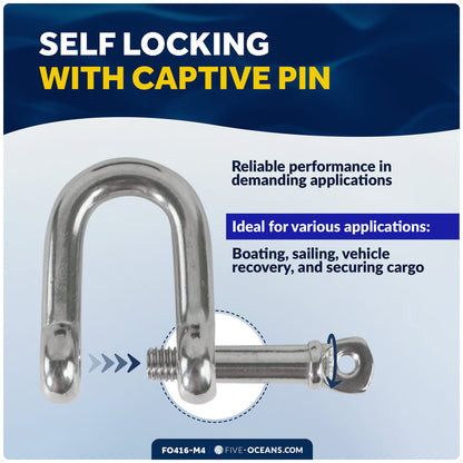 1/4" Captive Screw Pin D Anchor Shackle, AISI316 Stainless Steel, 4-Pack