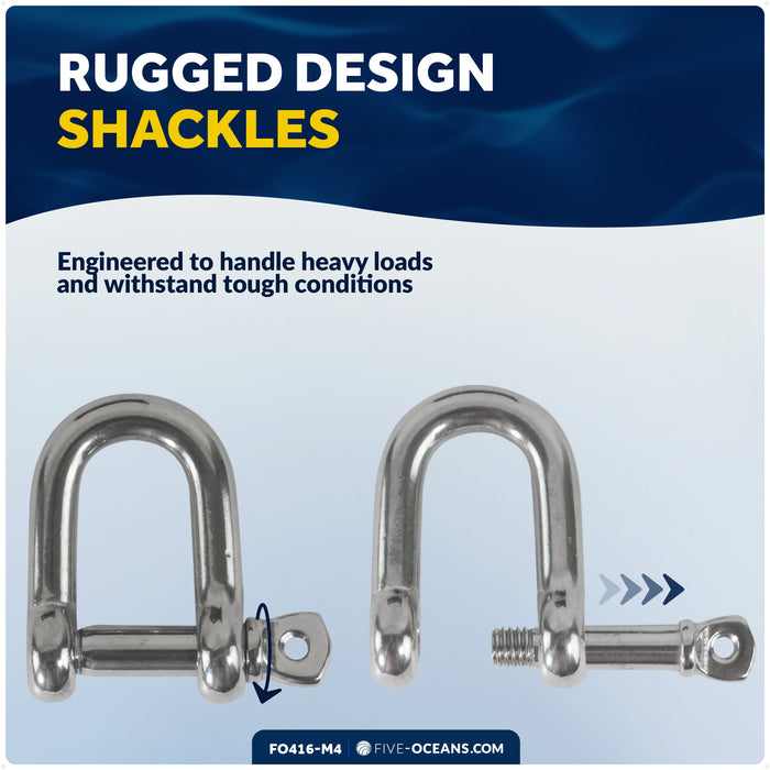 1/4" Captive Screw Pin D Anchor Shackle, AISI316 Stainless Steel, 4-Pack