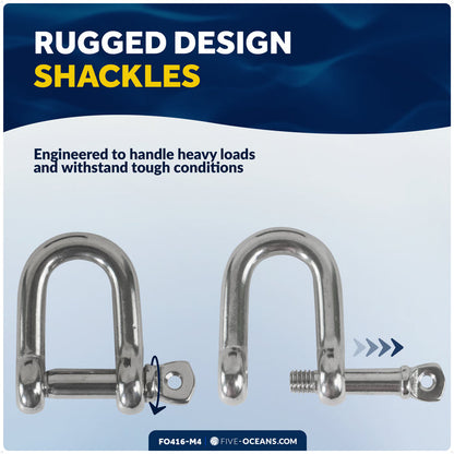 1/4" Captive Screw Pin D Anchor Shackle, AISI316 Stainless Steel, 4-Pack