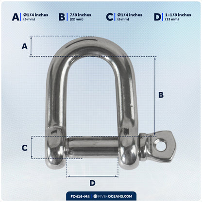 1/4" Captive Screw Pin D Anchor Shackle, AISI316 Stainless Steel, 4-Pack