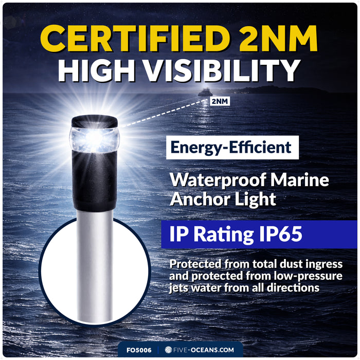 14" LED Anchor Light, Certified 2NM, Fold-Down, Polycarbonate Lens & Aluminum Tube, 12-30V DC - FO5006 - Five Oceans