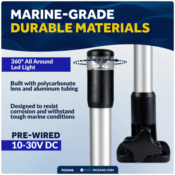 14" LED Anchor Light, Certified 2NM, Fold-Down, Polycarbonate Lens & Aluminum Tube, 12-30V DC - FO5006 - Five Oceans
