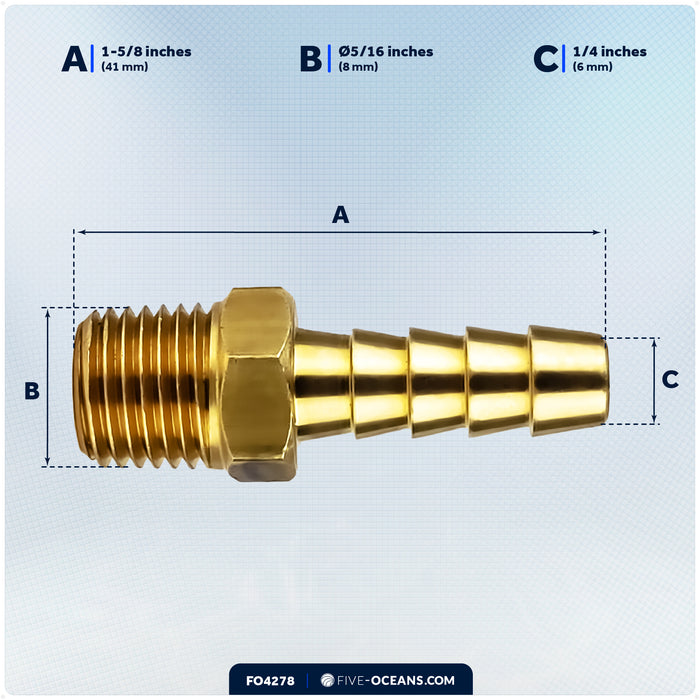 1/4" NPT Universal Fuel Tank Connector, 5/16" Barb Hose, Brass - FO4278 - Five Oceans