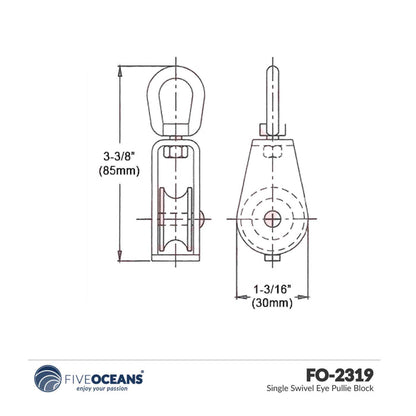 1/4" Rope x 1" Sheave Swivel Eye Block, Stainless Steel - FO2319 - Five Oceans