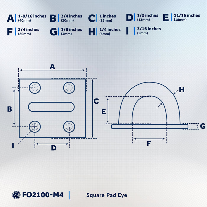1/4" Square Pad Eye, AISI316 Stainless Steel, 4-Pack - FO2100-M4 - Five Oceans