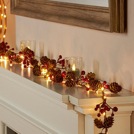 1.6m Lit Rope Garland with Pine Cones and Red Berries - Warm White LED
