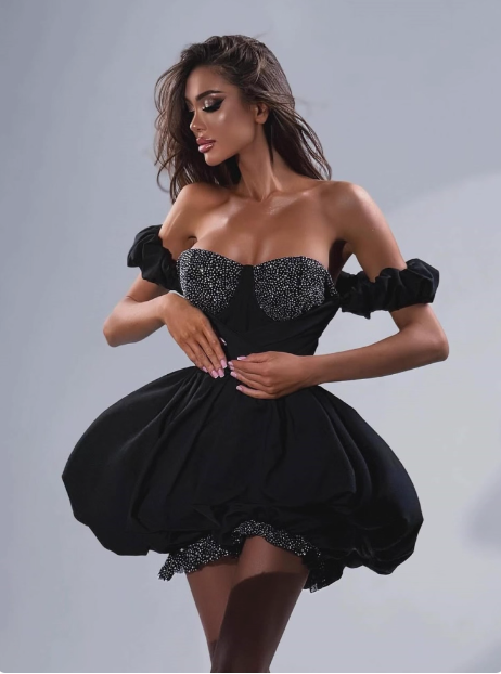 17th Birthday One Shoulder Black Puffy Rhinestone Homecoming Dress