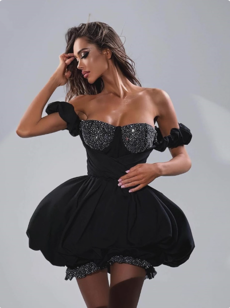 17th Birthday One Shoulder Black Puffy Rhinestone Homecoming Dress