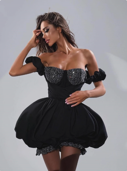 17th Birthday One Shoulder Black Puffy Rhinestone Homecoming Dress