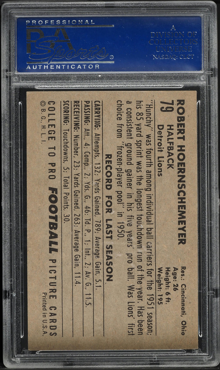1952 Bowman Large FB Card # 79 Bob Hoernschemeyer Detroit Lions PSA 7 NRMT (MGD2)