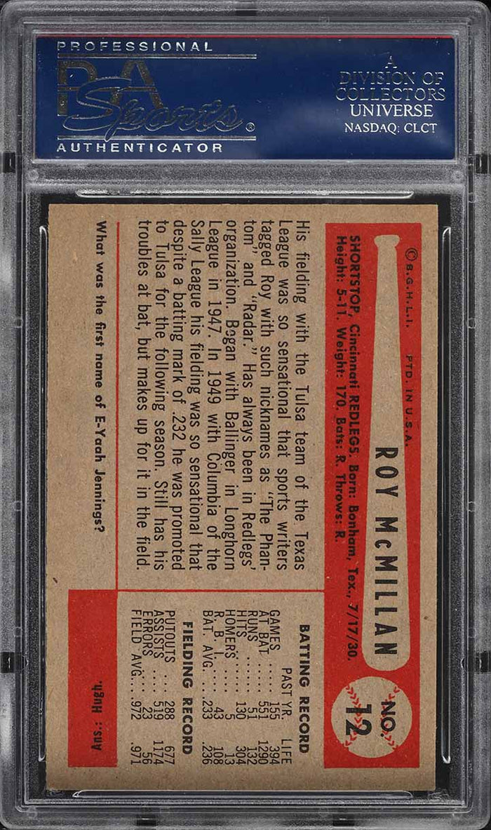1954 Bowman BB Card # 12 Roy McMillan Cincinnati Reds HOF 551/1290 @ Bat PSA 7.5 (MGD2)