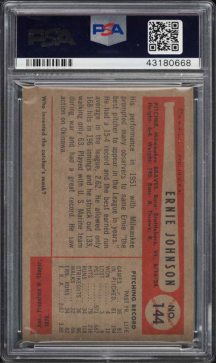 1954 Bowman BB Card #144 Ernie Johnson Milwaukee Braves HOF ROOKIE RC PSA 8 (MGD2)
