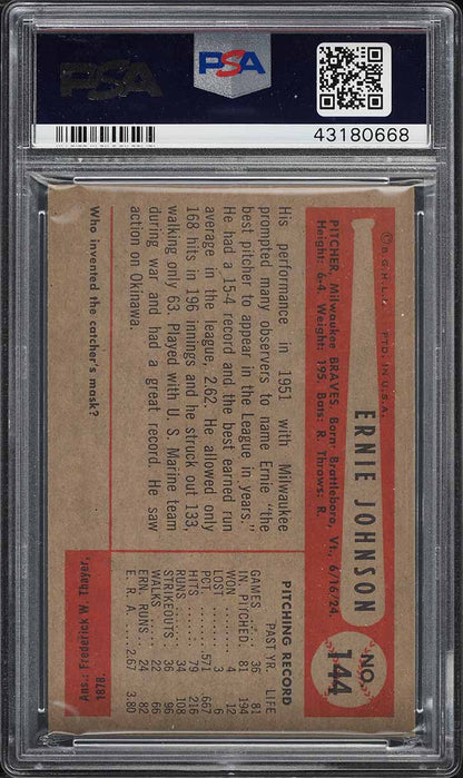 1954 Bowman BB Card #144 Ernie Johnson Milwaukee Braves HOF ROOKIE RC PSA 8 (MGD2)