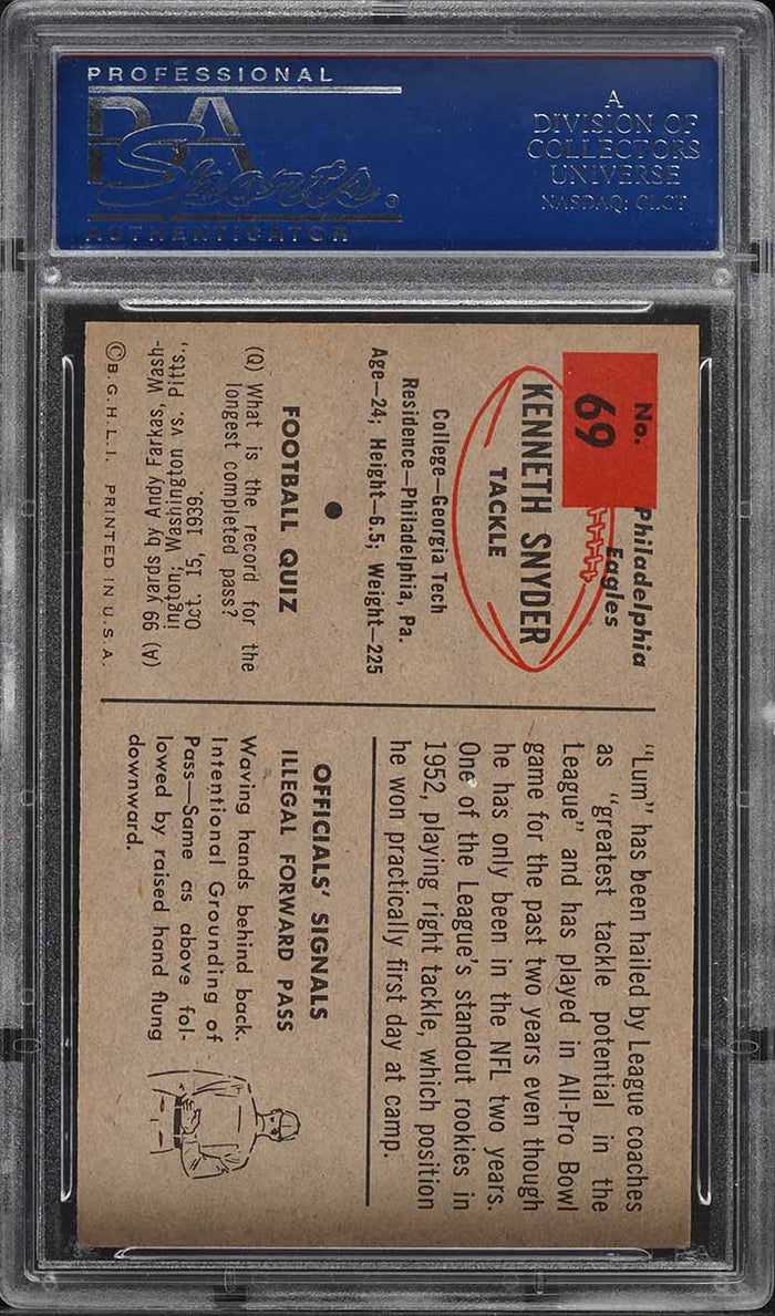 1954 Bowman FB Card # 69 Kenneth Lum Snyder Philadelphia Eagles PSA 8 NM-MT (MGD2)