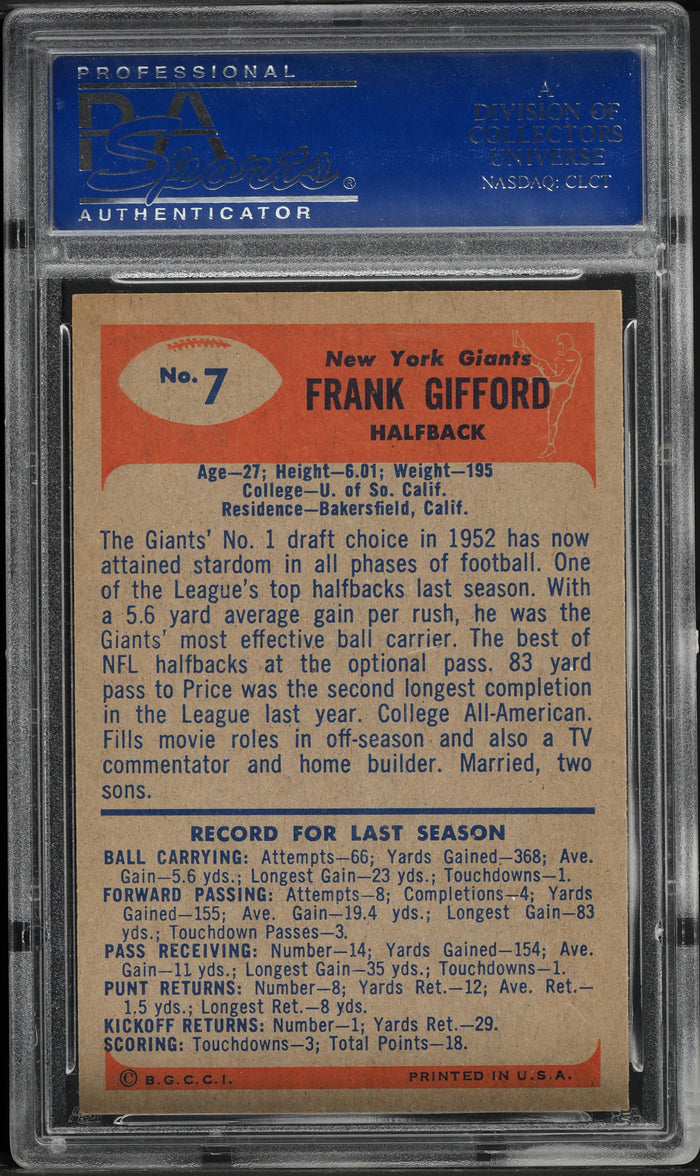 1955 Bowman FB Card # 7 Frank Gifford New York Giants HOF PSA 7 NRMT (MGD2)