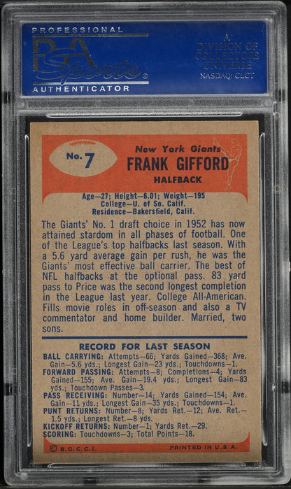 1955 Bowman FB Card # 7 Frank Gifford New York Giants HOF PSA 7 NRMT (MGD2)