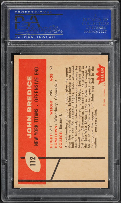 1960 Fleer FB Card #112 John Bredice New York Titans ROOKIE RC PSA 8 NM-MT (MGD2)