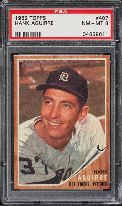 1962 Topps BB Card #407 Hank Aguirre Detroit Tigers PSA 8 NM-MT (MGD2)
